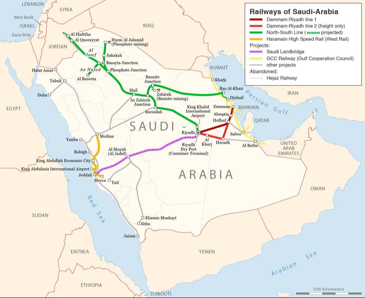 Map showing existing, planned and proposed railway corridors across Saudi Arabia, including the GCC Railway project and the historic Hejaz Railway route linking the kingdom with neighboring Gulf states and Jordan. (Image via wikipedia.org)