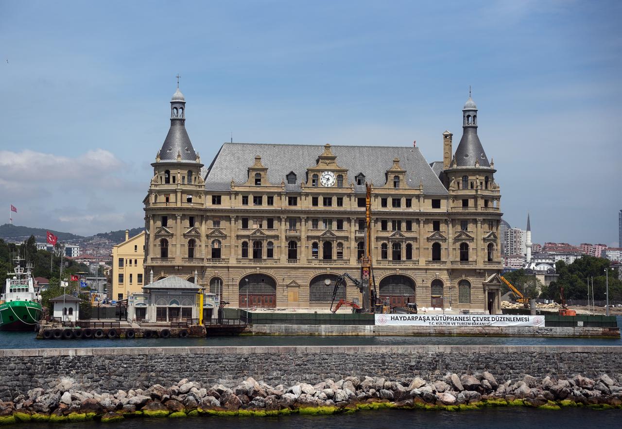 Haydarpasa Railway Station is seen from the sea as restoration works continue around the main building and its coastal surroundings. (IHA Photo)