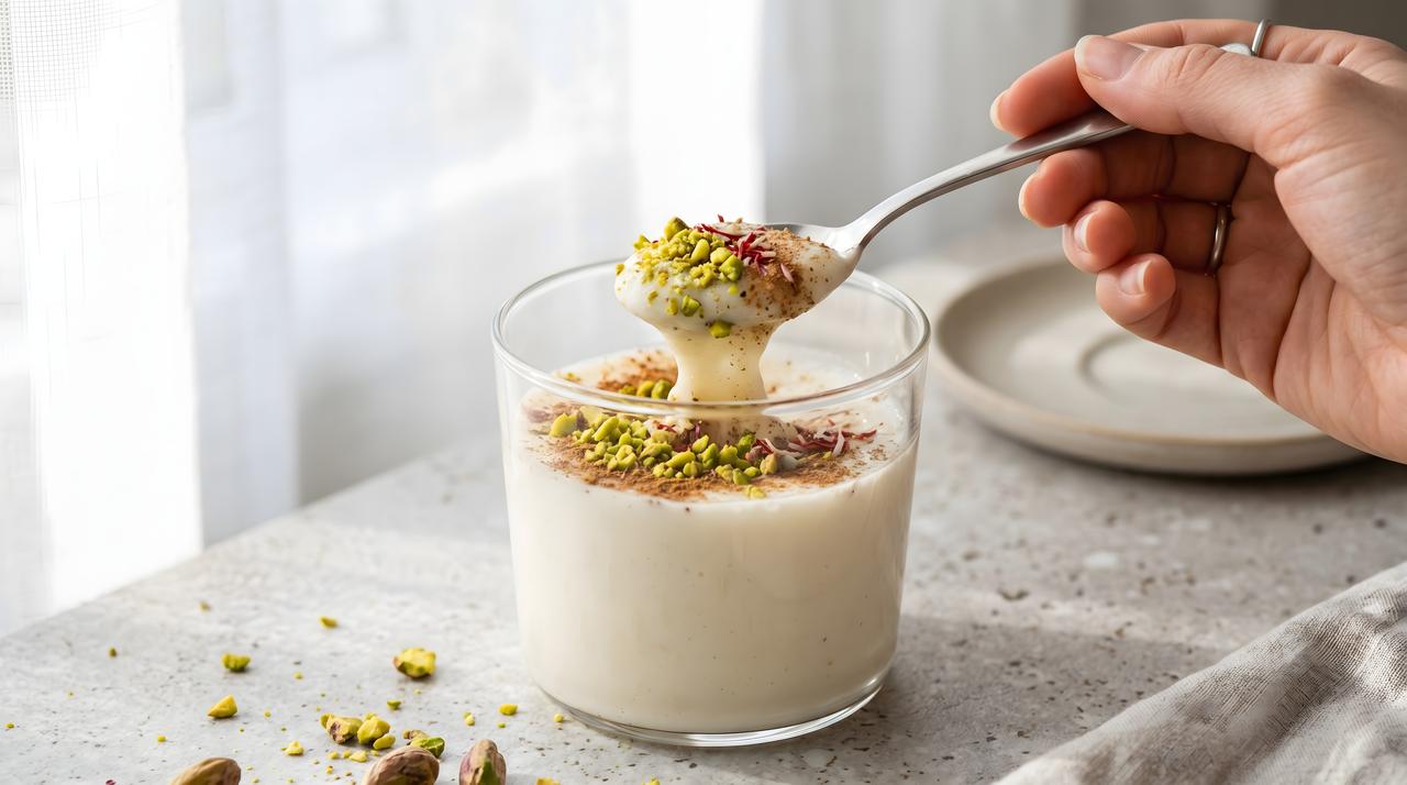 Muhallebi lifted in a spoon, topped with cinnamon, pistachio and rose petals. (Adobe Stock Photo)