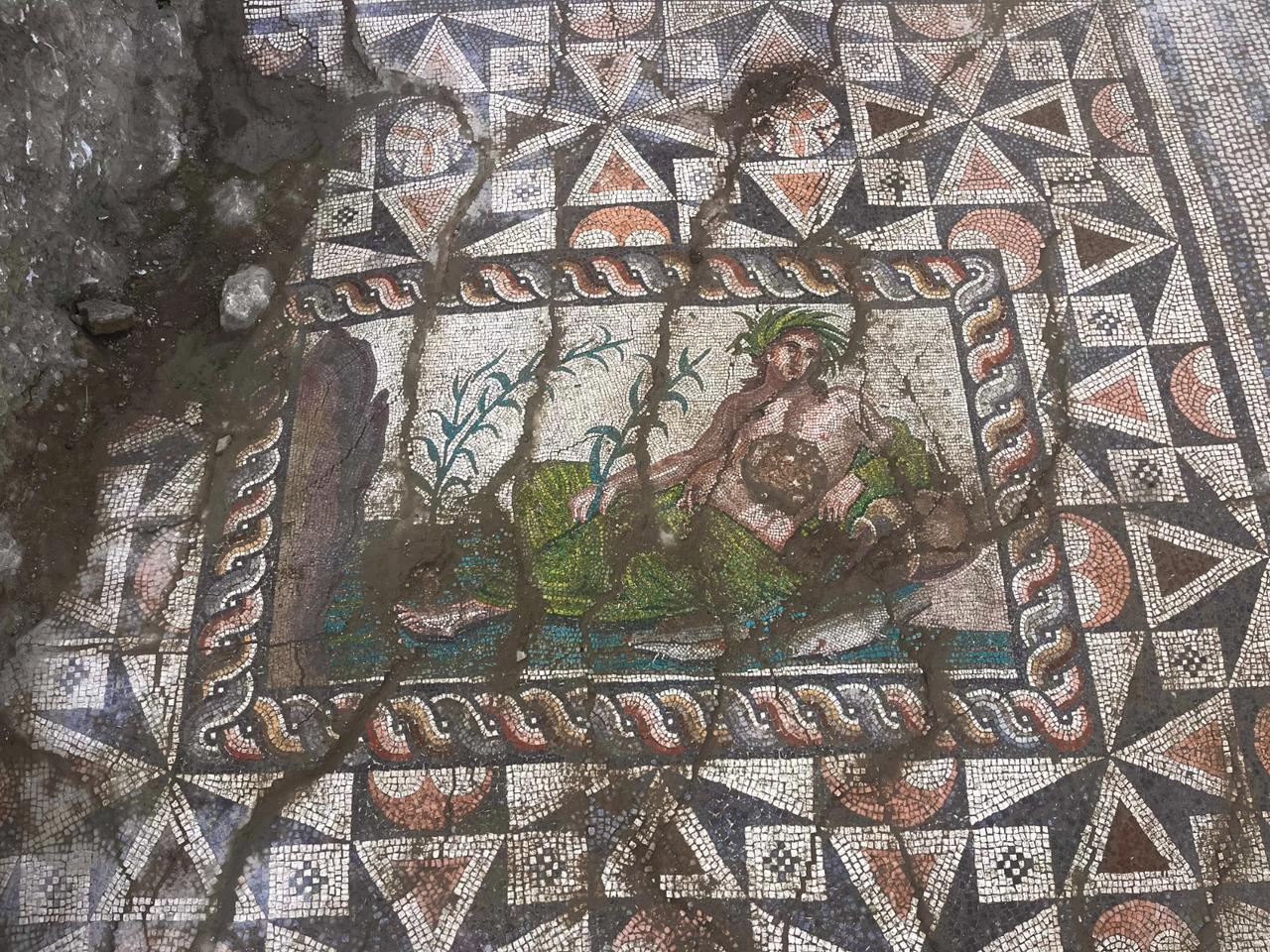 Archaeologists uncover a mosaic-decorated architectural structure measuring approximately 6 by 25 meters during excavations carried out in the eastern square of Theatre Street, which connects the Acropolis of Aspendos with the theater in Antalya, Türkiye, June 18, 2026. (Photo via Ministry of Culture and Tourism)