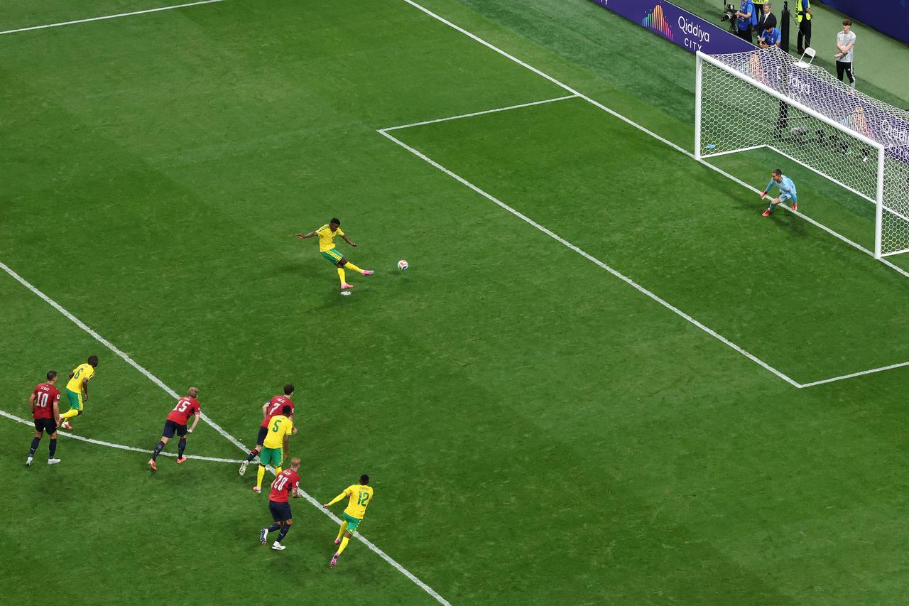 Teboho Mokoena #4 of South Africa scores a penalty for his team's first goal during the FIFA World Cup 2026 Group A match between Czechia and South Africa at Atlanta Stadium on June 18, 2026 in Atlanta, Georgia. (AFP Photo)