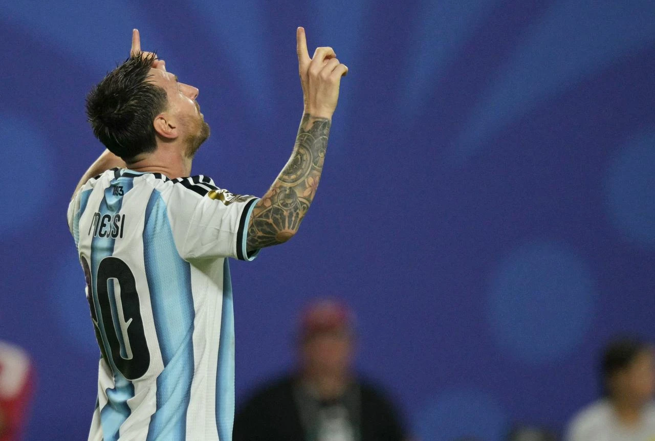 Argentina's forward #10 Lionel Messi celebrates scoring his team's third goal during the 2026 World Cup Group J football match between Argentina and Algeria at the Kansas City Stadium in Kansas City, on June 16, 2026. (AFP Photo)