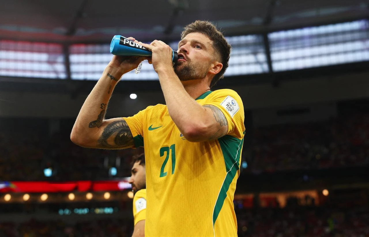 Cameron Burgess #21 of Australia takes a drink before the FIFA World Cup 2026 Group D match between Australia and Türkiye at BC Place on June 13, 2026, in Vancouver, Canada. (AFP Photo)