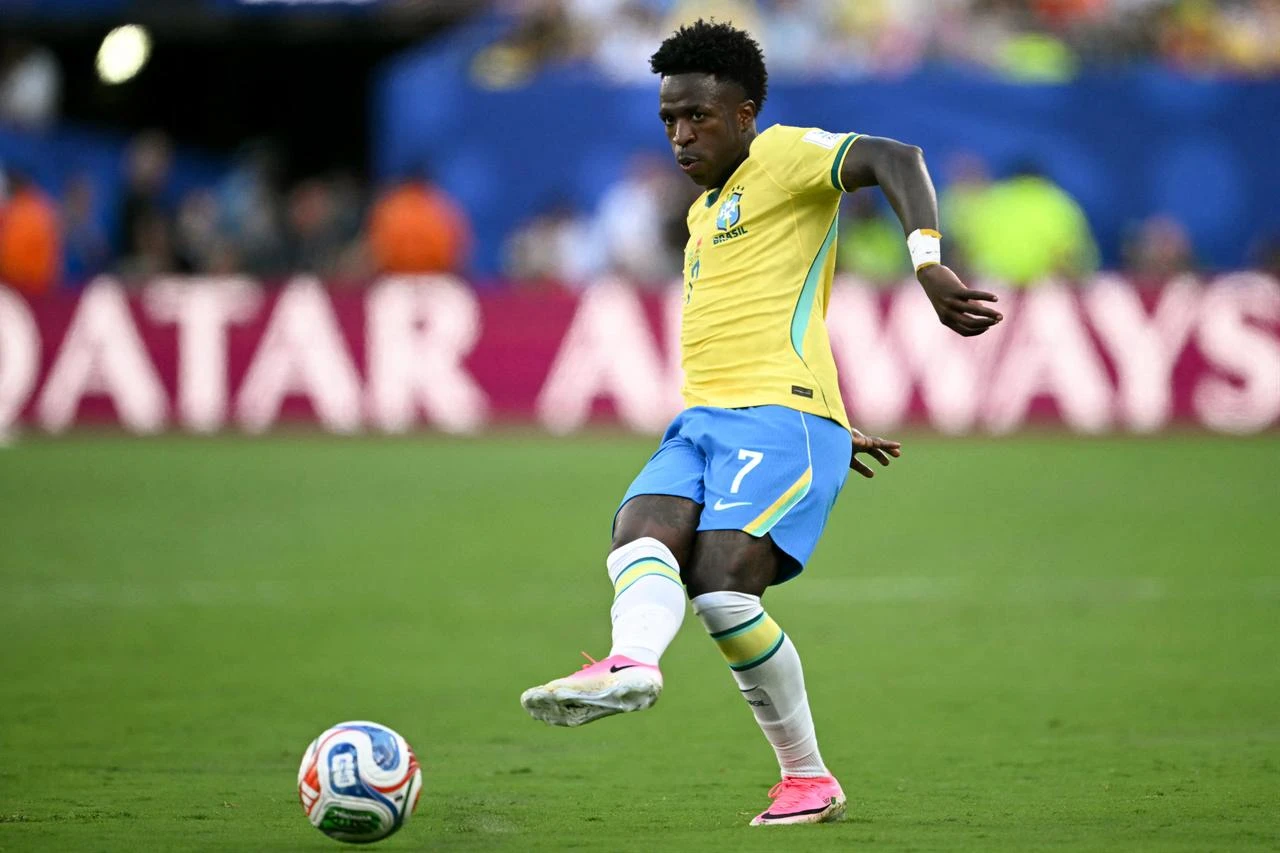 Brazil's forward #07 Vinicius Junior kicks the ball during the 2026 World Cup Group C football match between Brazil and Morocco at the New York/New Jersey Stadium in East Rutherford, New Jersey, on June 13, 2026. (AFP Photo)