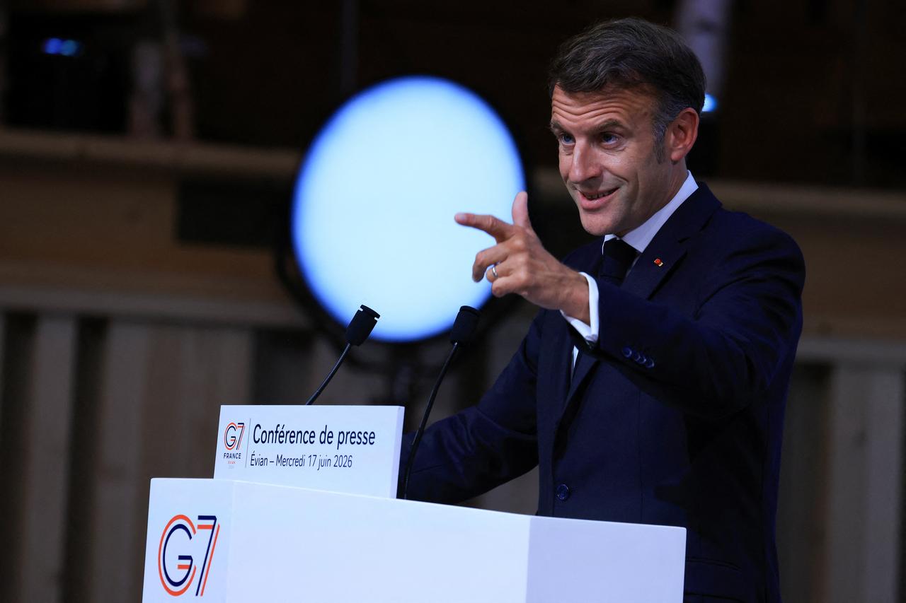 France's President Emmanuel Macron gestures as he speaks during the closing press conference of the G7 summit, in Evian, eastern France, on June 17, 2026. (AFP Photo)