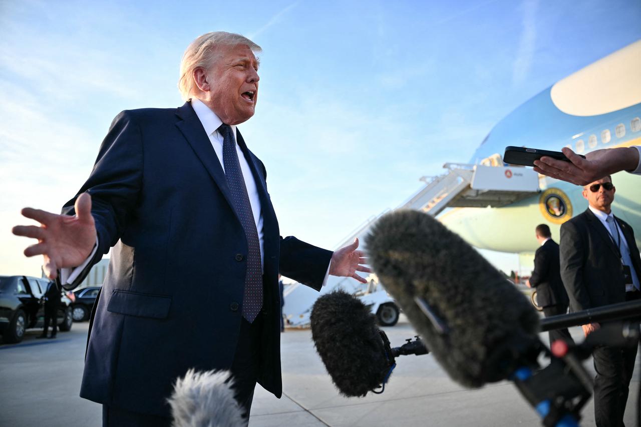 US President Donald Trump addresses the media on the tarmac after arriving at Paris Orly Airport enroute to a dinner to celebrate the 250th anniversary of the independence of the United States, at Orly Airport, south of Paris, on June 17, 2026. (AFP Photo)