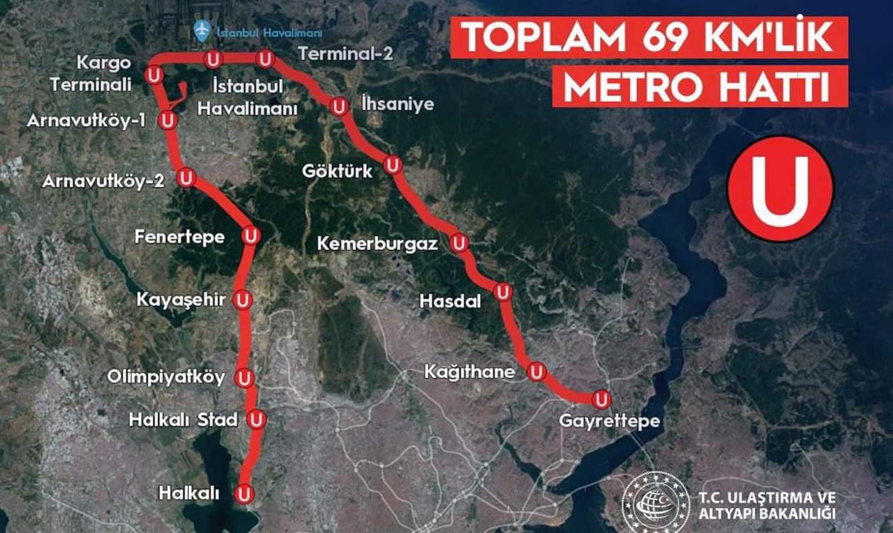 Map of the completed 69-kilometer M11 Gayrettepe-Istanbul Airport-Halkali Metro Line, linking Istanbul Airport with central business districts and western Istanbul. (Image via Türkiye's Transport and Infrastructure Ministry)