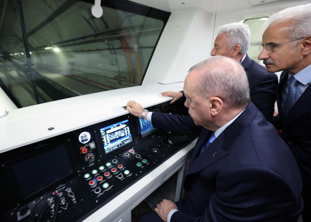 Turkish President Recep Tayyip Erdogan inspects the the cockpit control panel as he attends the Opening Ceremony of Halkali-Istanbul Airport Metro Line at the Kayasehir Metro Station, in Istanbul, Türkiye, June 19, 2026. (Turkish Presidency / Mustafa Kamaci - Anadolu Agency)
