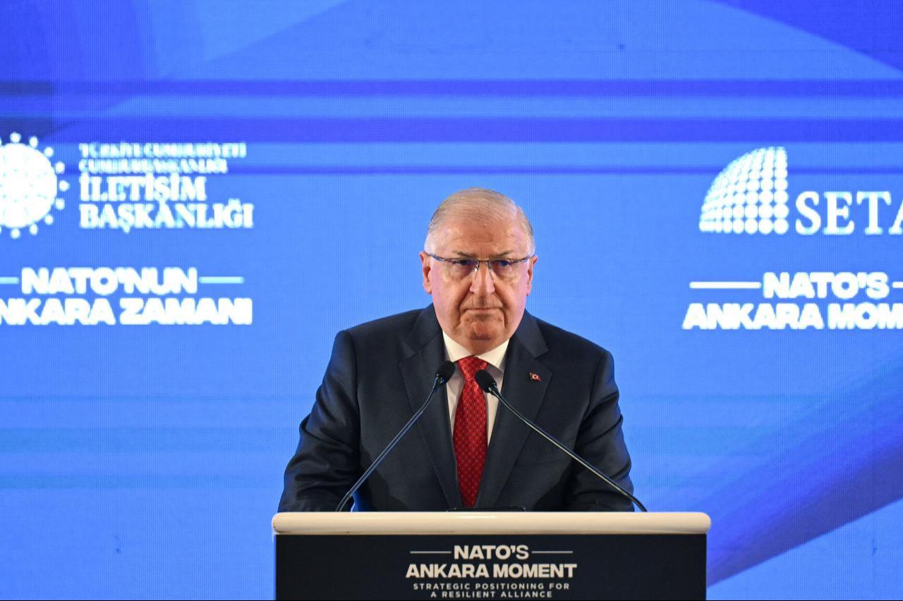 Minister of National Defense Yasar Guler attended and delivered a speech at a conference in cooperation with the Presidential Directorate of Communications and SETA Foundation in Ankara, Türkiye, April 9, 2026. (AA Photo)
