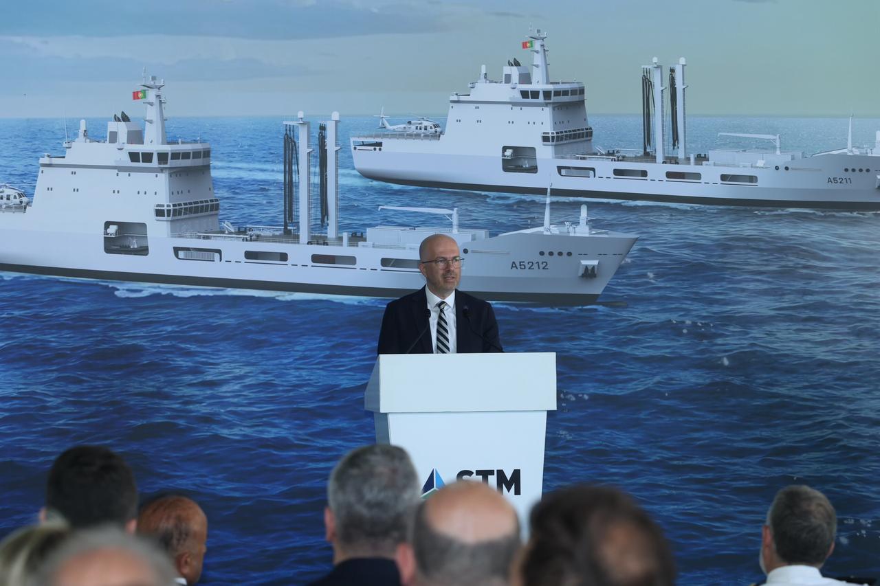 STM Deputy General Manager Bulent Soydal speaks during the steel-cutting ceremony for the second Logistics Support Ship being built for the Portuguese Navy in Istanbul, June 18, 2026. (Photo via STM/Handout)