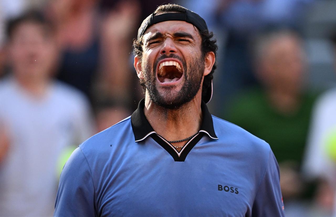 Matteo Berrettini of Italy celebrates after winning the match against Juan Manuel Cerundolo of Argentina during their Men's Singles fourth round match on Day Nine of the 2026 French Open tennis tournament at the Roland-Garros Complex in Paris, June 1, 2026. (AA Photo)