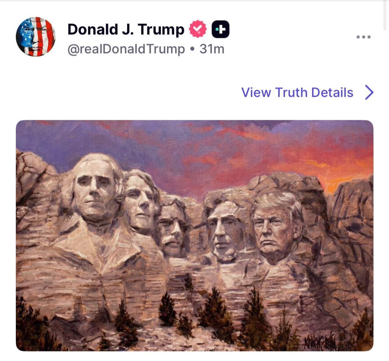 This image shows an AI-generated rendering shared by Donald Trump on his Truth Social account, depicting his face carved into Mount Rushmore alongside Washington, Jefferson, Roosevelt, and Lincoln.