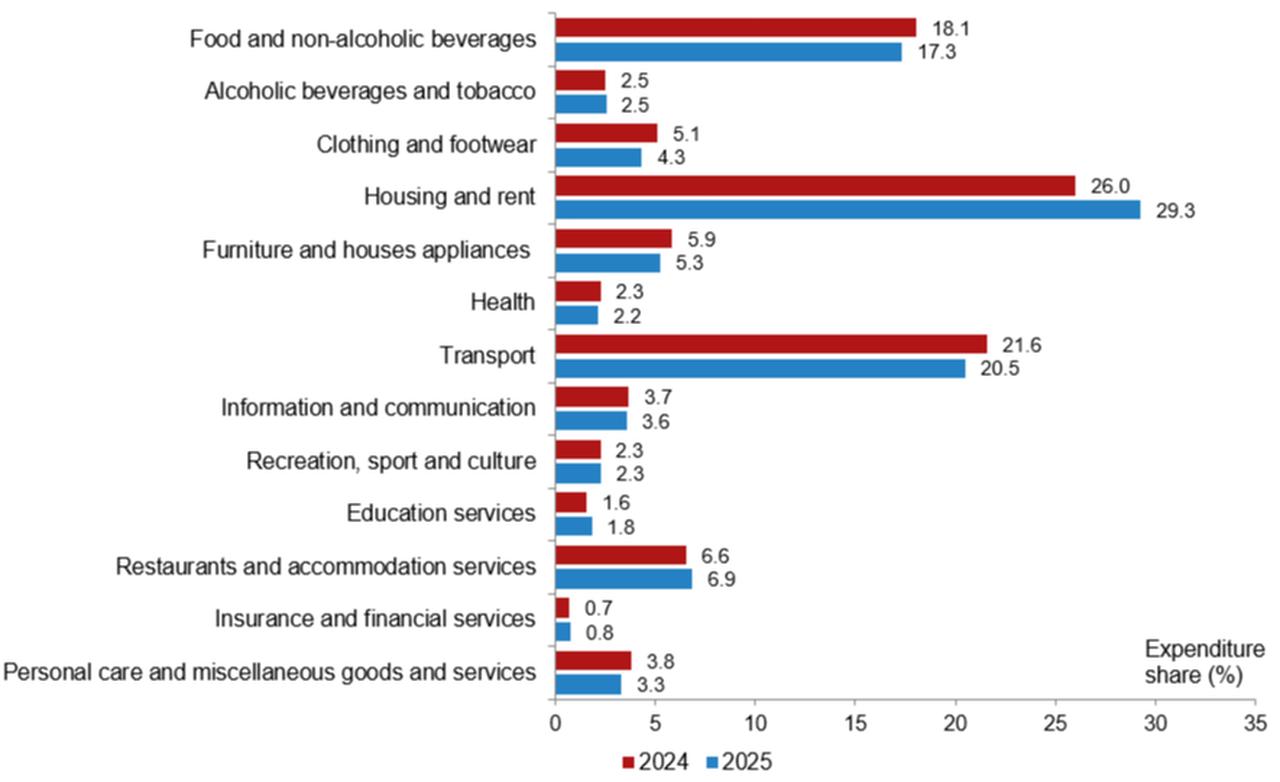Chart shows the distribution of household consumption expenditures in Türkiye in 2024 and 2025. (Chart via TurkStat)