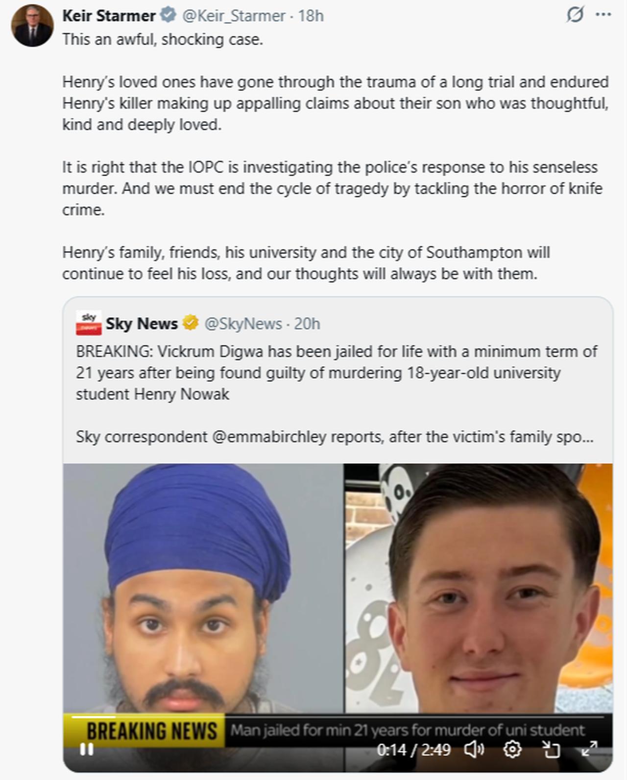 PM statement over social media regarding Henry Nowak's murder. (Photo via X/@Keir_Starmer)