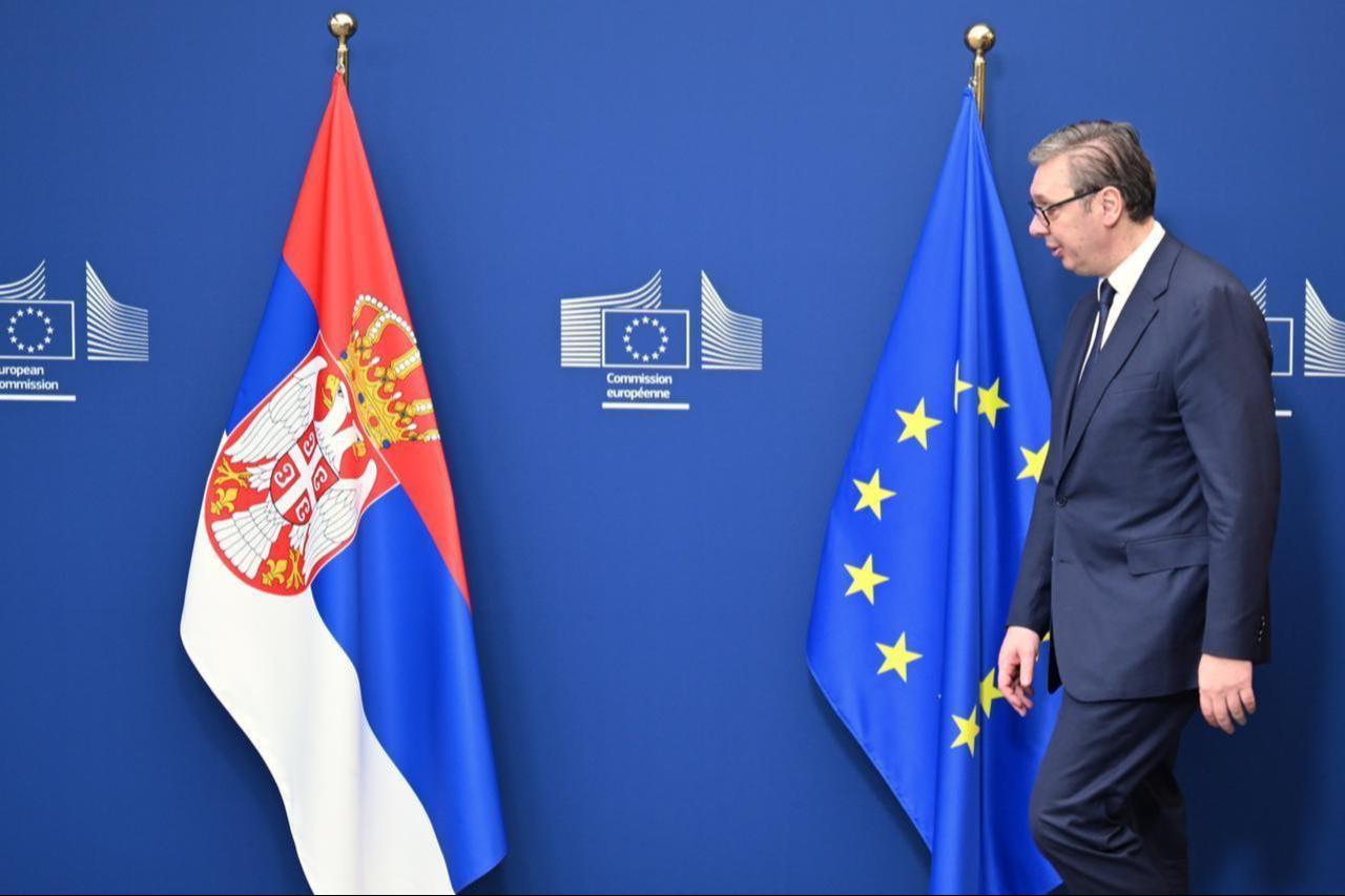 Serbian President Aleksandar Vucic meets with European Commission President Ursula von der Leyen (not seen) and President of the European Council Antonio Costa (not seen) in Brussels, Belgium, December 10, 2025. (AA Photo)