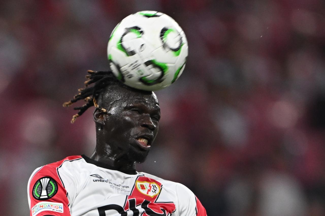 Rayo Vallecano’s Pathe Ciss heads the ball during the UEFA Conference League play-off final against Crystal Palace at Red Bull Arena in Leipzig, Germany, May 27, 2026. (AA Photo)