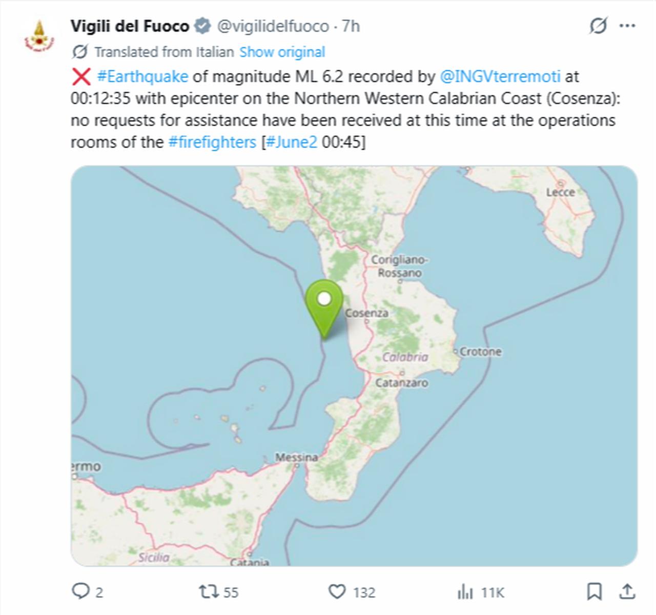 Screenshot from Italy's national fire and rescue agency, confirming that no emergency assistance requests were received immediately following the 6.2 magnitude earthquake off the Calabrian coast. (Photo via X/@vigilifelfuoco)