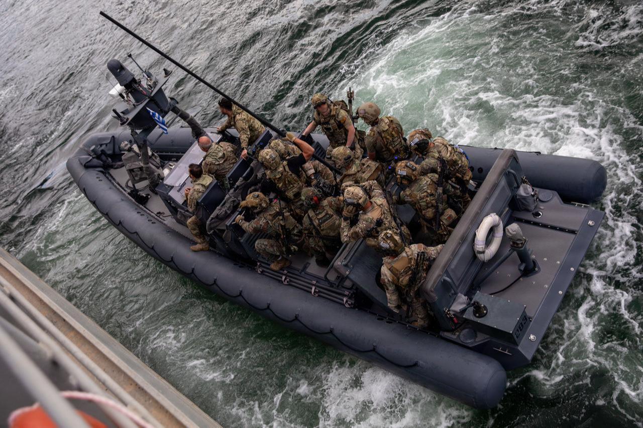 Green Berets with U.S. Army 20th Special Forces Group and special operations forces soldiers conduct visit, board, search and seizure drills during Trojan Footprint 2026 at Skaramangas Naval Base, Greece, May 14, 2026. (Photo via U.S. Army National Guard)