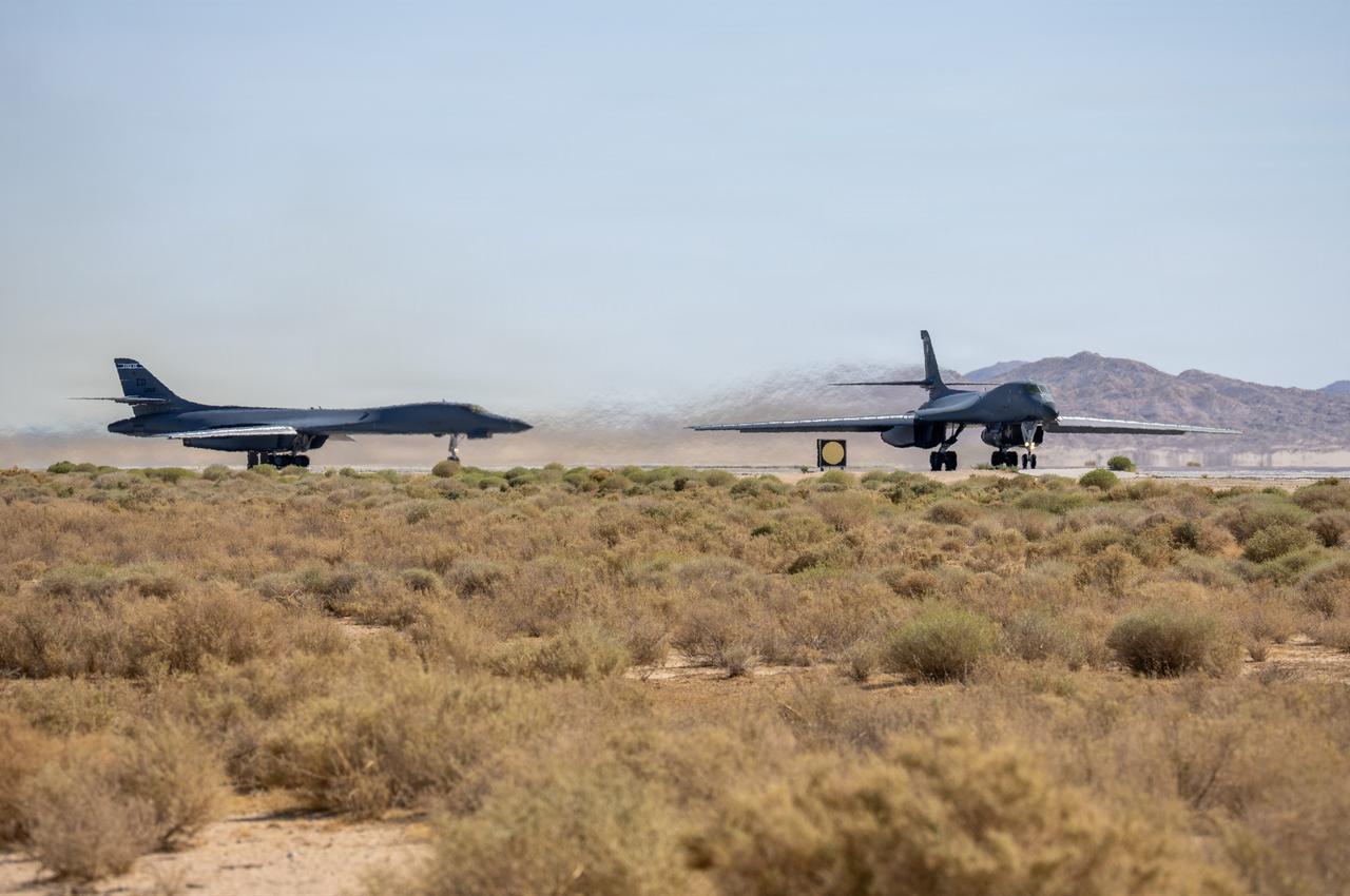 A pair of B-1B Lancers depart for a test mission at Edwards Air Force Base, California, on September 11, 2025. (Photo via U.S. Air Force)
