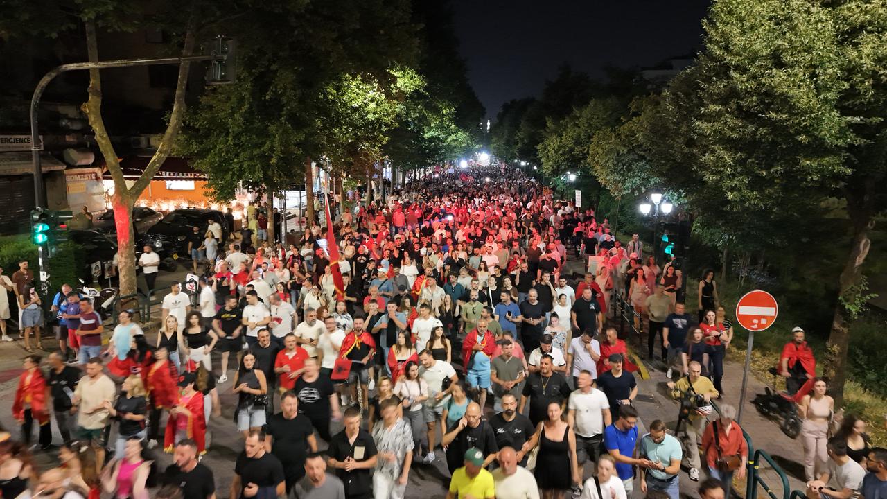 Demonstrators gather under the slogan “Albania is not for sale” to protest a planned tourism development project in the Zvernec area of Vlora, Tirana, Albania on June 19, 2026, (AA Photo)