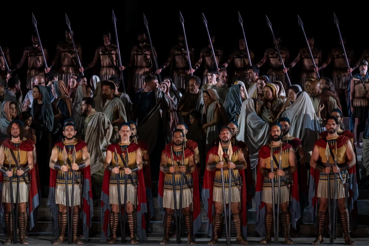 Opera singers and actors perform in the opera 'Medea' at the Ancient Greek theatre of former city Epidaurus, in Nea Epidavros on June 18, 2026. (AFP Photo)