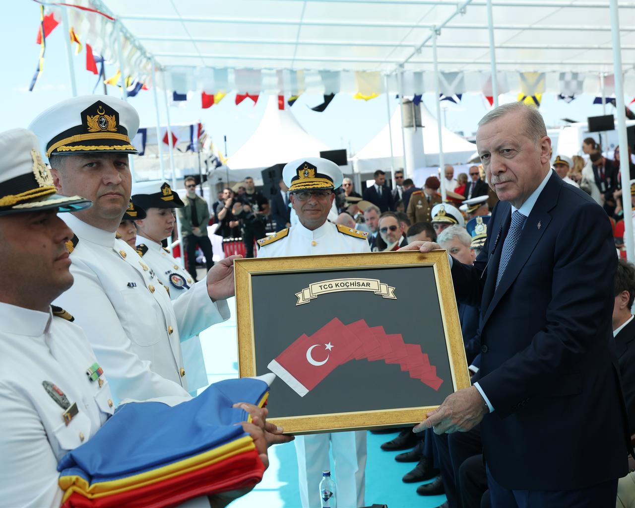 President Recep Tayyip Erdogan and the Romanian President Nicusor Dan attend the Ceremony for Delivery of Cam. Roman Offshore Patrol Vessel to Romanian Naval Forces, and for Commissioning and Flag-Raising of Turkish Naval Forces’ Platforms at Istanbul Shipyard Command in Istanbul, Türkiye on June 20, 2026. ( TUR Presidency / Mustafa Kamaci - Anadolu Agency )