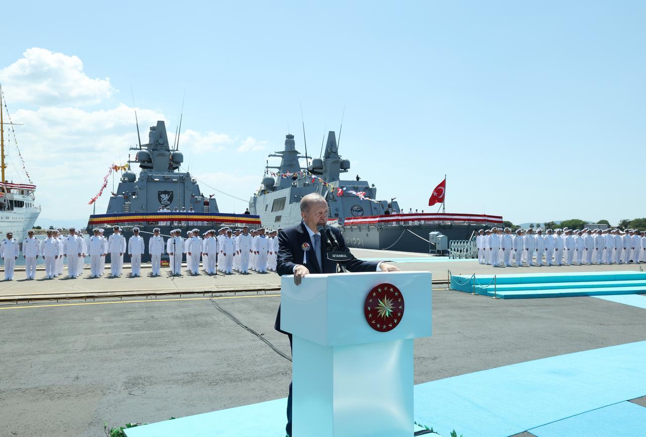 President Recep Tayyip Erdogan gives a speech as the Romanian President Nicusor Dan attends a ceremony at Istanbul Shipyard Command in Istanbul, June 20, 2026. (Photo via Turkish Presidency/Mustafa Kamaci)