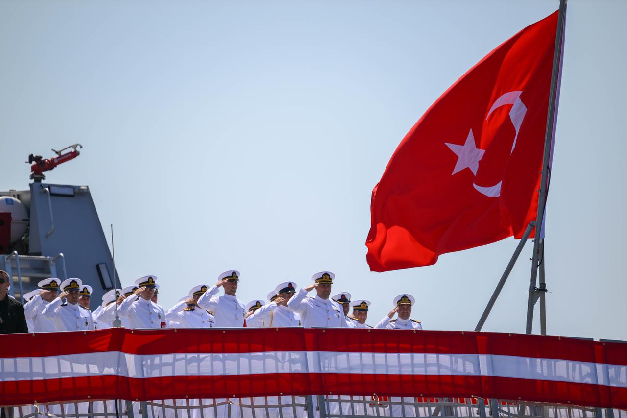 Turkish sailors salute during the ceremony at Istanbul Shipyard Command in Istanbul, Türkiye, on June 20, 2026. (AA Photo)