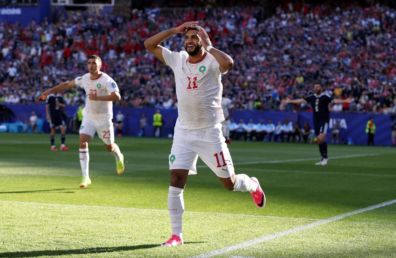 Ismael Saibari #11 of Morocco celebrates after scoring his team's first goal during the FIFA World Cup 2026 Group C match between Scotland and Morocco at Boston Stadium in Foxborough, Massachusetts, June 19, 2026. (AFP Photo)