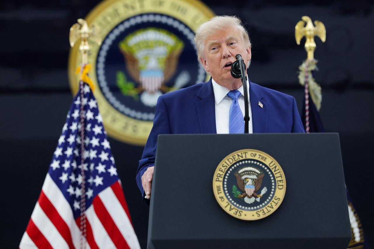 U.S. President Donald Trump delivers remarks after touring the newest aircraft in the presidential fleet at Andrews Air Force Base on June 19, 2026 at Joint Base Andrews, Maryland. (AFP Photo)