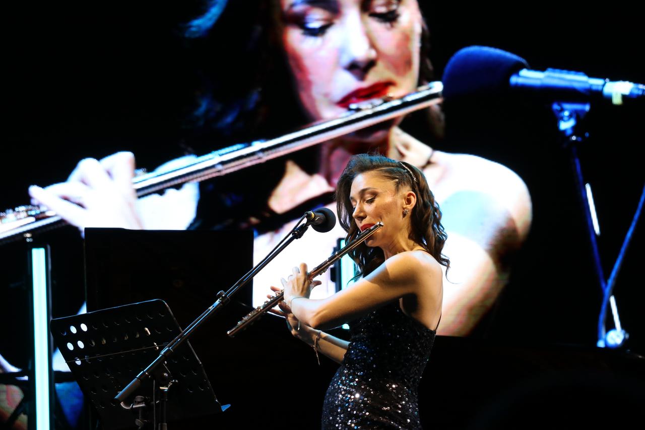 Flutist Aslihan And Say performs during the 9th Akra Jazz Festival, accompanied by world-renowned pianist and composer Fazil Say, vocalist Seda Kirankaya and percussionist Aykut Koselerli, in Antalya, Türkiye, June 19, 2026. (AA Photo)