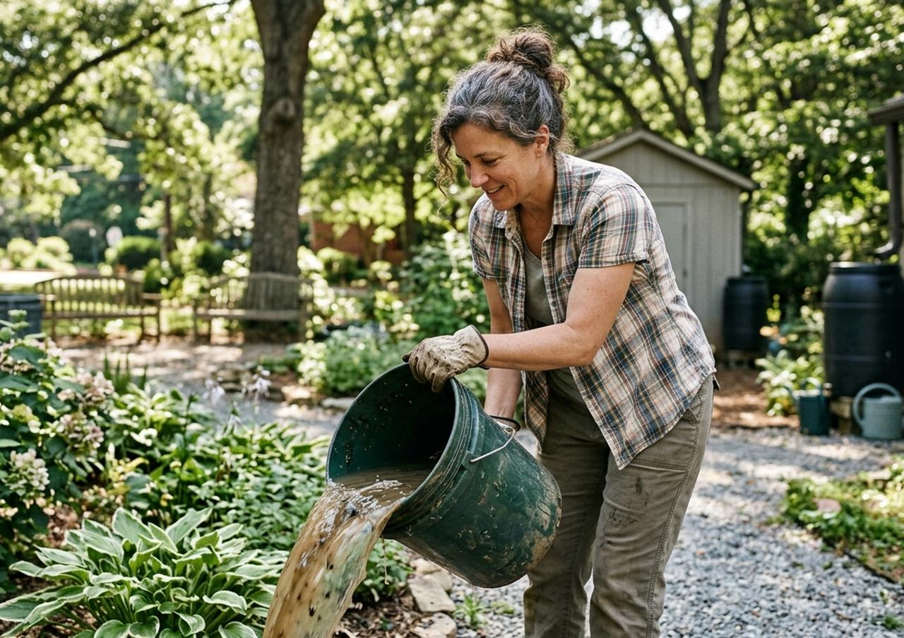 A woman empties a bucket of standing water in a garden. (Photo generated by AI)