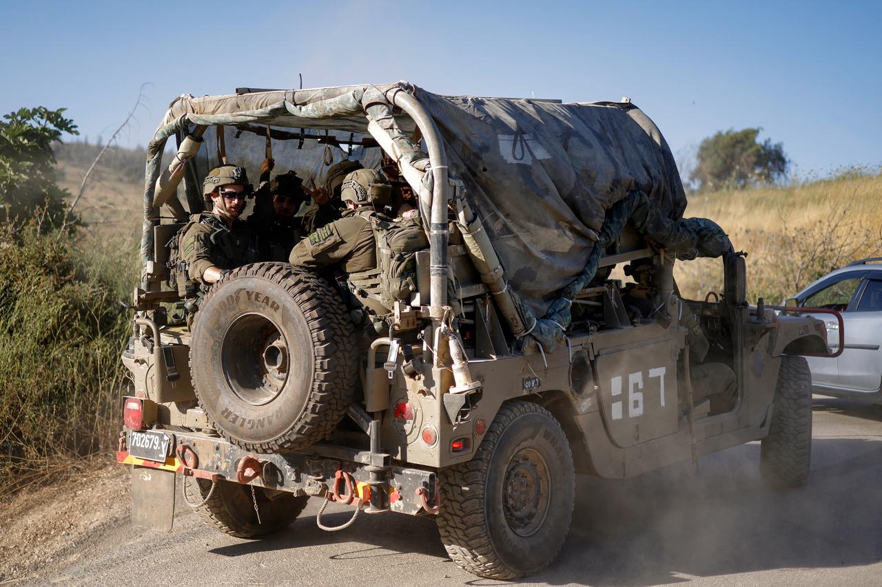 An Israeli army Humvee vehicle patrols along the northern road near Moshav Margaliot in the Upper Galilee bordering Lebanon on June 9, 2026. (AFP Photo)