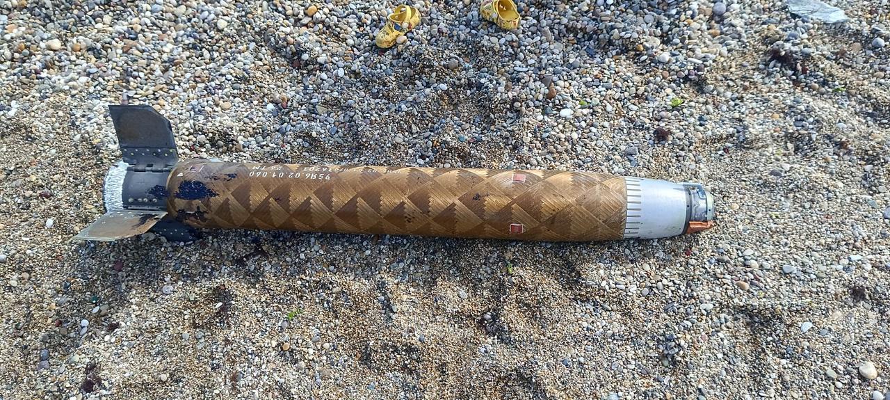 The photo shows a part of the booster motor from a Russian-made 57E6 missile used by the Pantsir air defense system, washed ashore in Ormanli Beach in Istanbul's Catalca district on June 20, 2026. (IHA Photo)