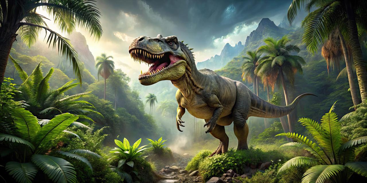 An illustration shows a Tyrannosaurus rex standing in front of waterfalls. (Adobe Stock Photo)