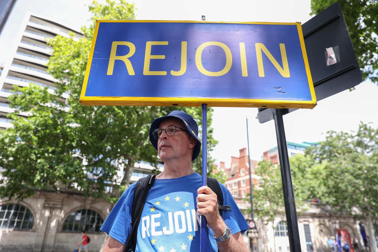 Demonstrators take part in the National Rejoin March, calling for the United Kingdom to rejoin the European Union on the 10th anniversary of the Brexit referendum, on June 20, 2026, in London, United Kingdom. (AA Photo)
