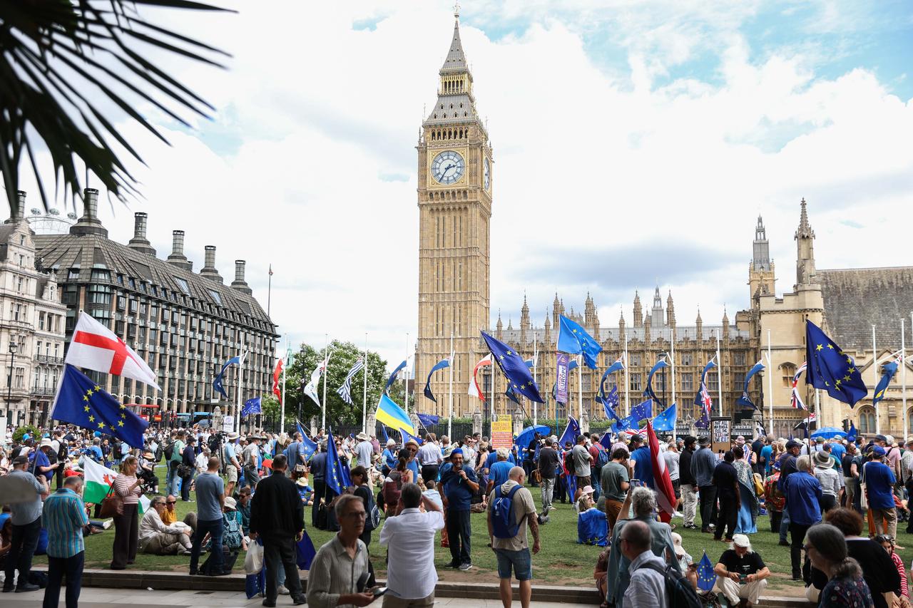 Demonstrators take part in the National Rejoin March, calling for the United Kingdom to rejoin the European Union on the 10th anniversary of the Brexit referendum, on June 20, 2026, in London, United Kingdom. (AA Photo)
