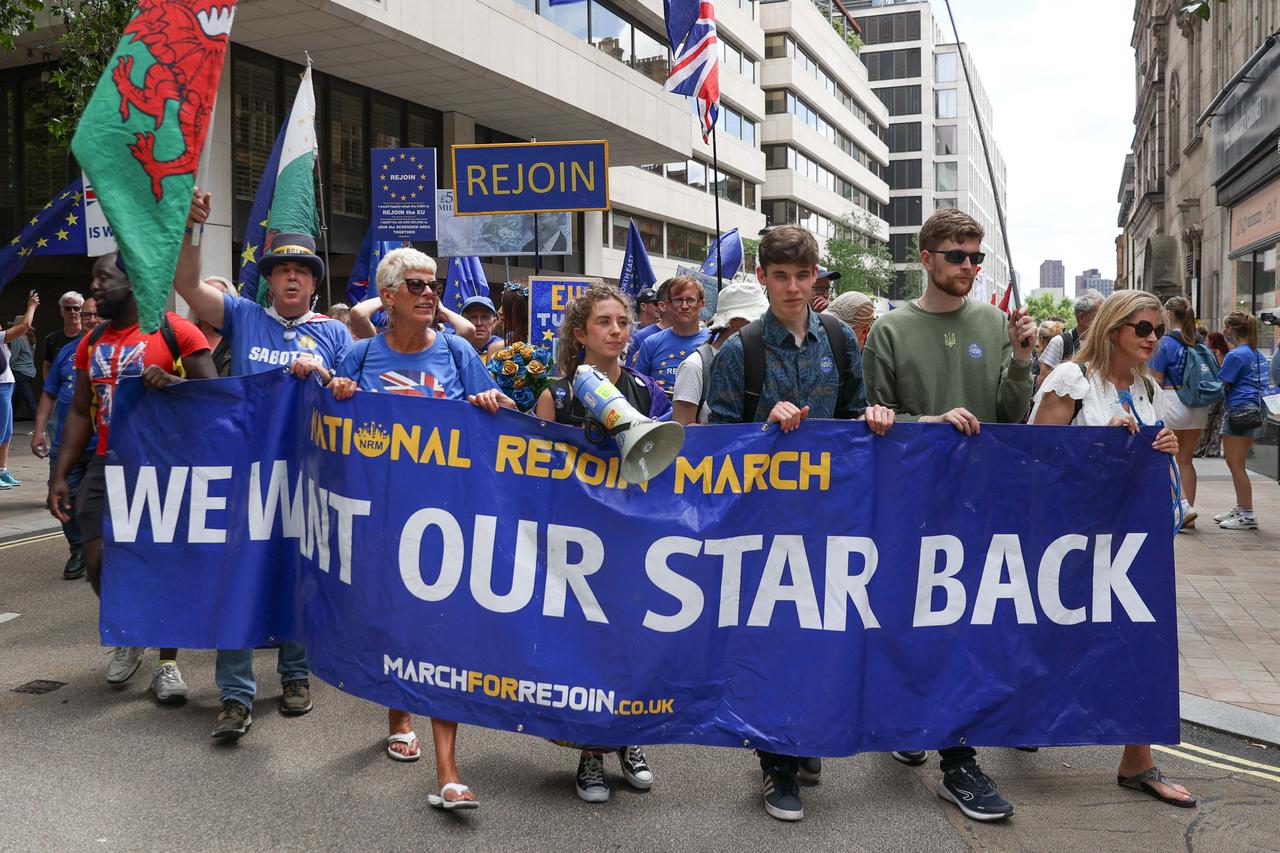 Demonstrators take part in the National Rejoin March, calling for the United Kingdom to rejoin the European Union on the 10th anniversary of the Brexit referendum, on June 20, 2026, in London, United Kingdom. (AA Photo)