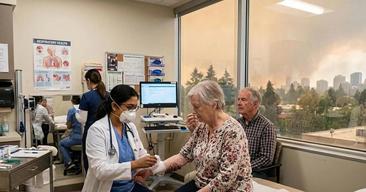 A doctor examines an older patient in a clinic as smog is seen outside (Photo generated by AI)