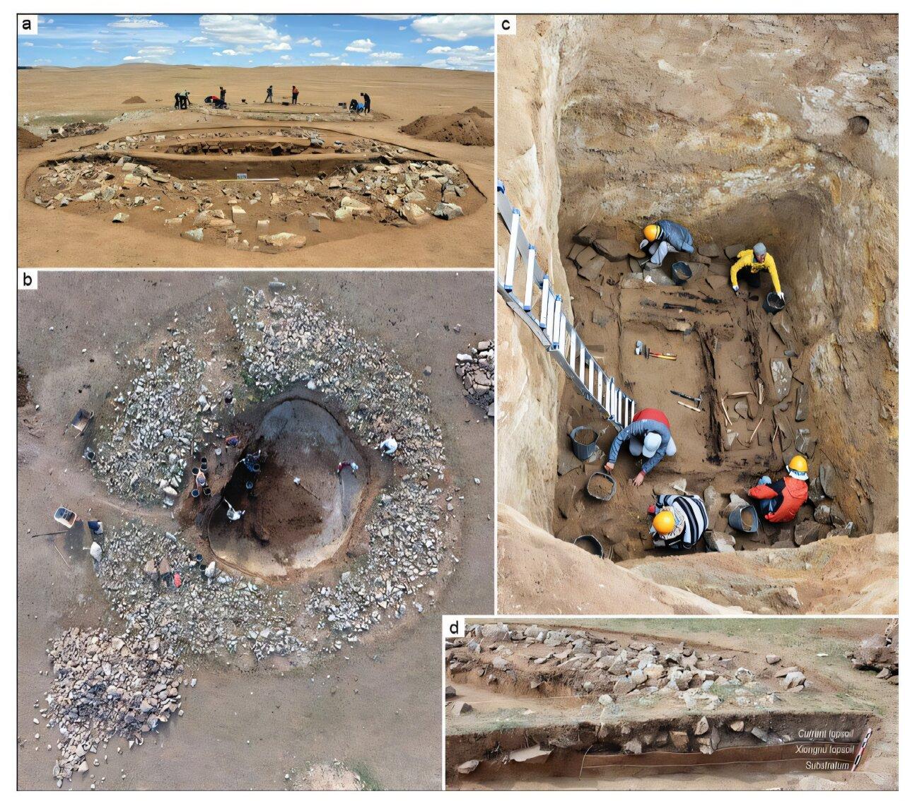 Excavation views from the Tamir cemetery show a stone circle with tombs 47 and 48, tomb 24, tomb 40 and the site stratigraphy. (Credit: Alcouffe et al. 2026; photos by P. Gérard, B. Noost and D. Nikolaeva)