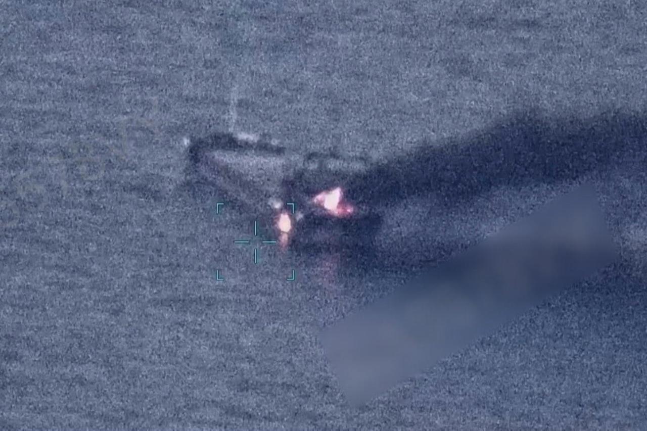 The photo shows the fire on a vessel after a reported Russian drone attack on Black Sea, June 22, 2026. (Photo via Facebook/navy.mil.gov.ua)