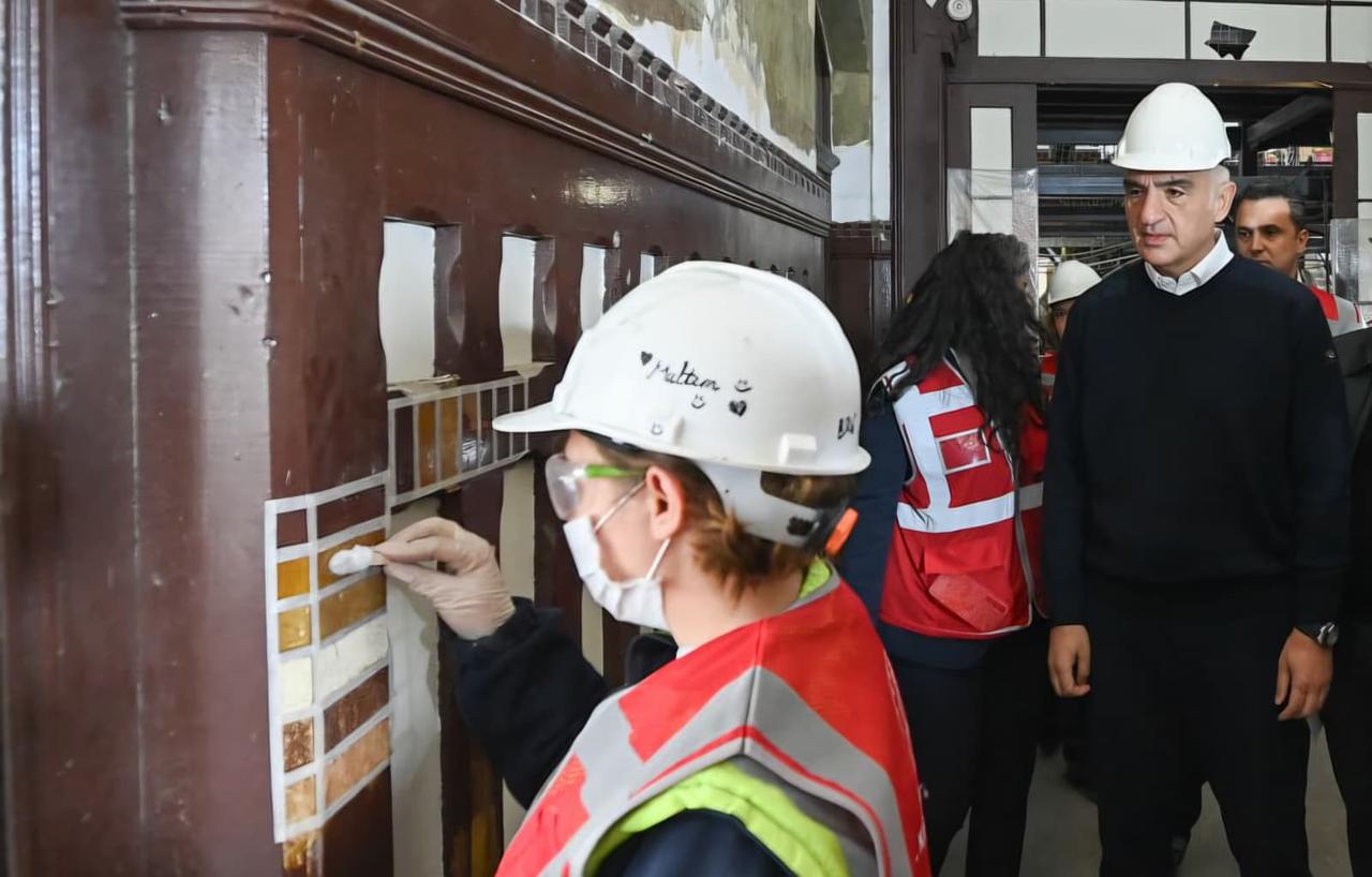 Turkish Culture and Tourism Minister Mehmet Nuri Ersoy inspects restoration work at Istanbul's historic Sirkeci Railway Station, Türkiye, June 22, 2026. (AA Photo)