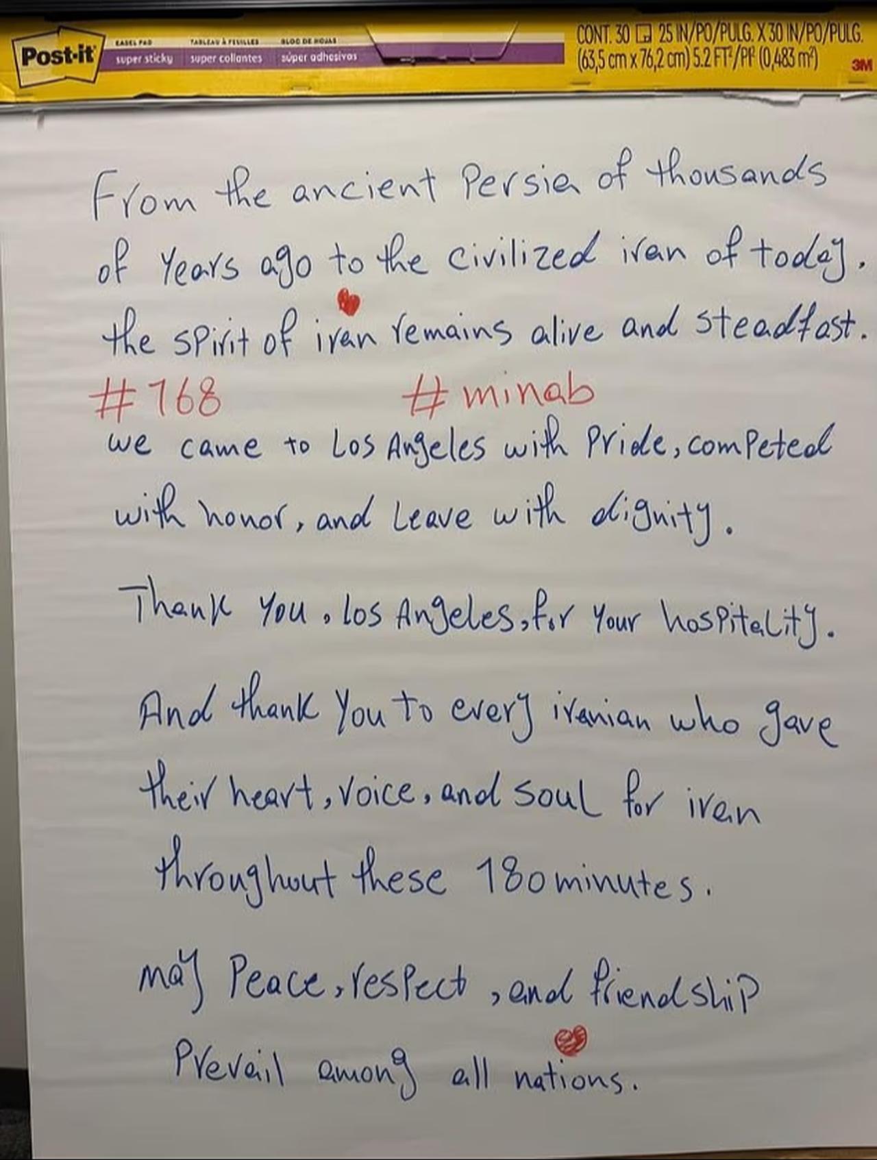 A handwritten message left by the Iranian national soccer team in their SoFi Stadium locker room on Sunday thanking Los Angeles for its hospitality during the 2026 FIFA World Cup, at a location given as Inglewood, California, U.S., in this picture released June 21, 2026. (Photo via Iranian Football Federation)