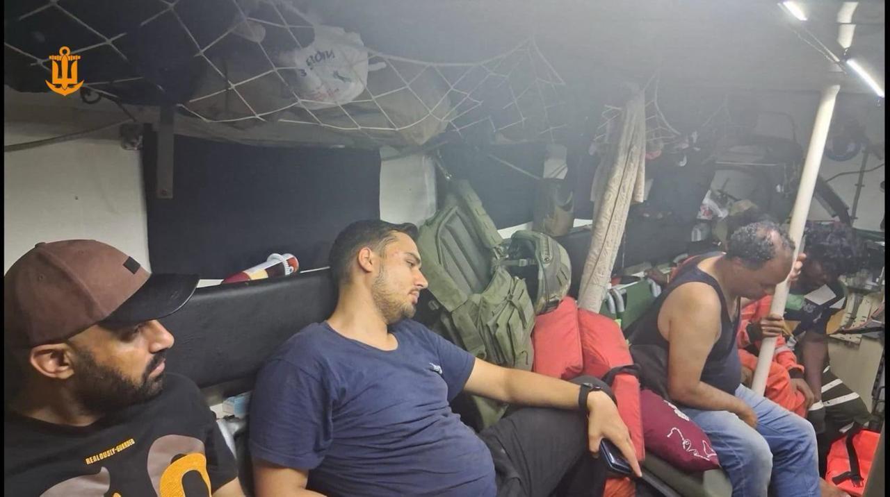 The photo shows the wounded crew after a reported Russian drone attack on a vessel on Black Sea on June 22, 2026. (Photo via Facebook/navy.mil.gov.ua)