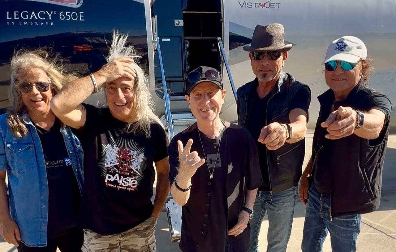 Members of German rock band Scorpions pose after arriving in Istanbul, Türkiye, for their June 24 concert at Beşiktaş Tüpraş Stadium, June 22, 2026. (AA Photo)