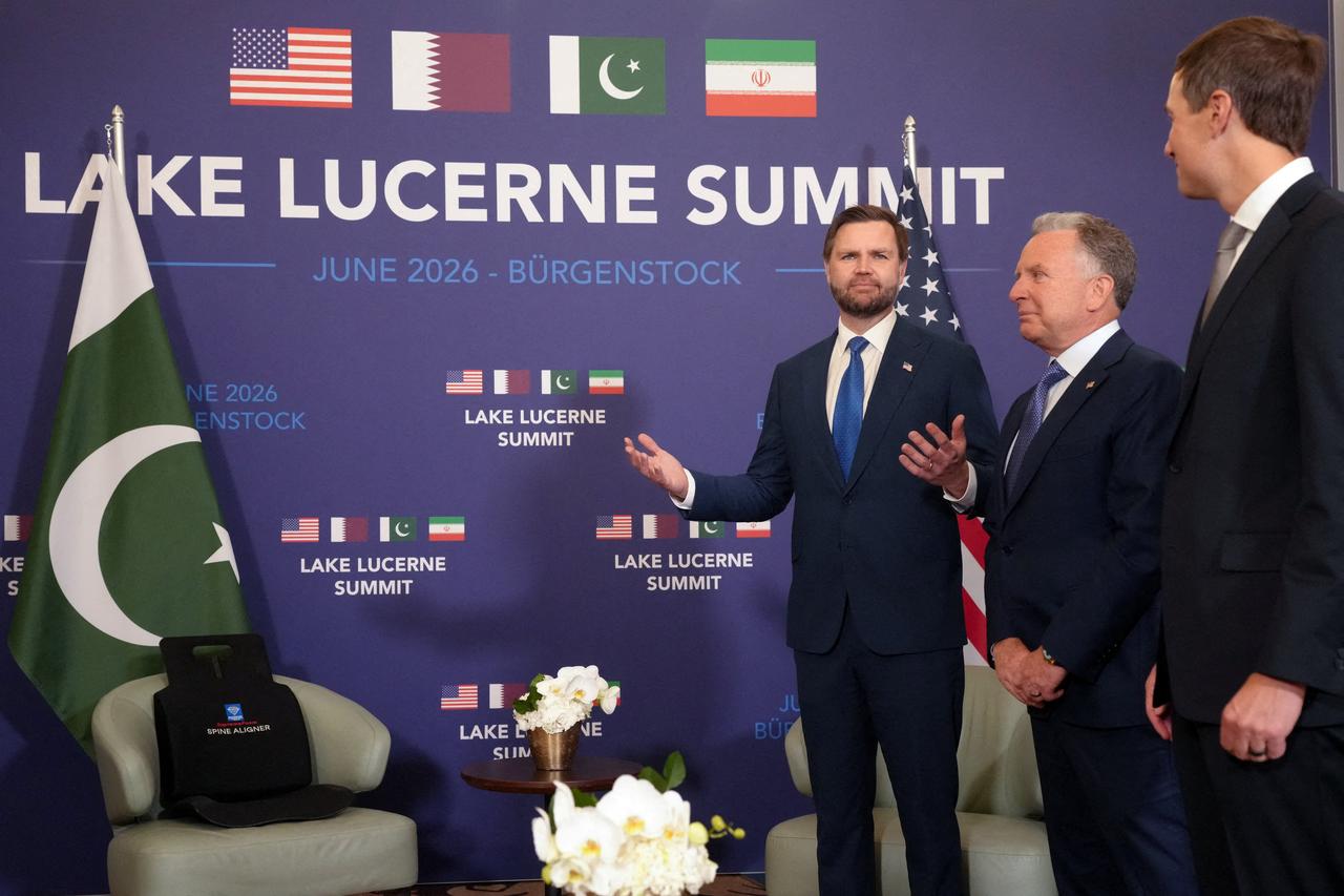 US Vice President JD Vance (L) reacts, next to US President Donald Trump's special envoy Steve Witkoff (C) and Trump's son-in-law Jared Kushner, to meet with Pakistan's Prime Minister Shehbaz Sharif (no seen), at the Burgenstock luxury hotel complex overlooking Lake Lucerne, Switzerland, on June 21, 2026. (AFP Photo)