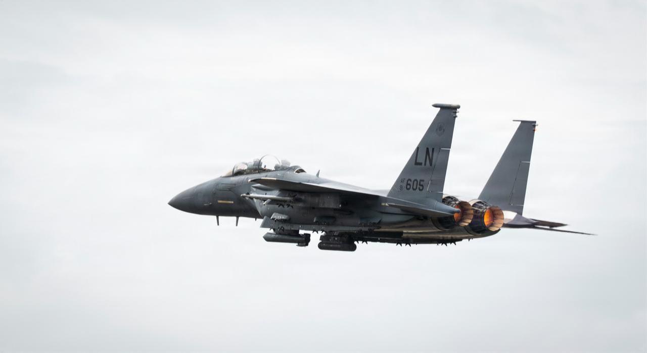 A U.S. Air Force F-15E Strike Eagle assigned to the 492 nd Fighter Squadron takes off as part of exercise Astral Knight 2026 at RAF Lakenheath, England, June 1, 2026. (Photo via U.S. Air Force)