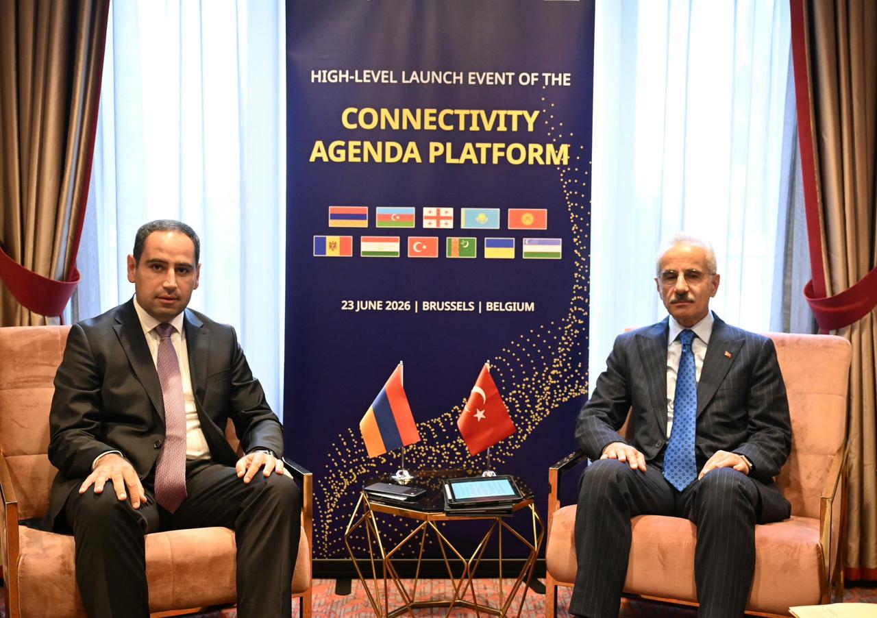 Armenian Territorial Administration and Infrastructure Minister Davit Khudatyan (L) meets with Turkish Transport and Infrastructure Minister Abdulkadir Uraloglu on the sidelines of the Connectivity Agenda Platform launch event in Brussels, Belgium, June 23, 2026. (Photo via X/@a_uraloglu)