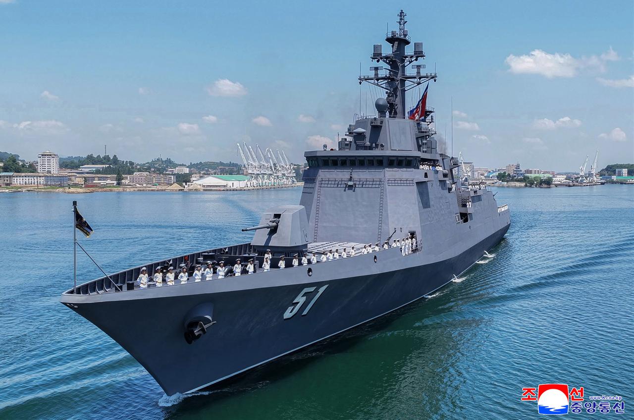 This picture taken on June 23, 2026 and released by North Korea's official Korean Central News Agency (KCNA) on June 24, 2026 shows the new-type multi-mission destroyer Choe Hyon departing after its commissioning ceremony at Nampo port in North Korea. (Photo via Korean Central News Agency (KCNA)/HO/AFP)