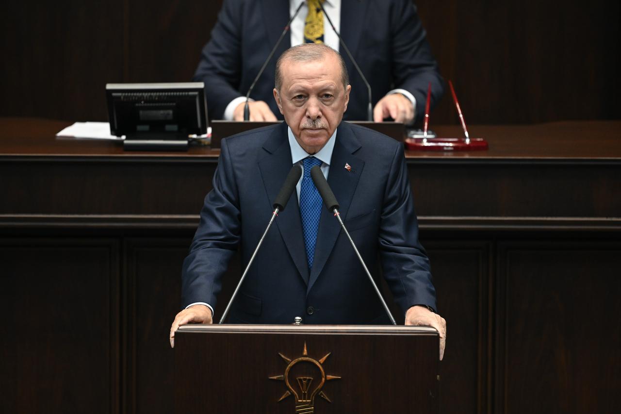 Turkish President and Chairman of the Justice and Development (AK) Party Recep Tayyip Erdogan speaks during the his party's parliamentary group meeting at the Grand National Assembly of Turkiye (GNAT) in Ankara, Türkiye, June 24, 2026. (Turkish Presidency/HO/AA Photo)